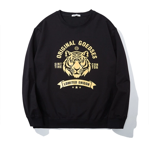 Sweat-shirt Homme Grande Taille Col Rond Impression Tête de Tigre Or Streetwear Pull à Manches Longues Mélange de Coton Noir