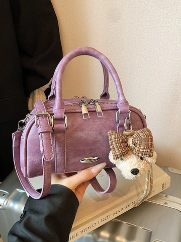 Women's Minimalist PU Leather Boston Bag Solid Color Simple Urban Shoulder Crossbody Bag With Removable Strap And Plush Charm