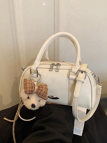 Women's Minimalist PU Leather Boston Bag Solid Color Simple Urban Shoulder Crossbody Bag With Removable Strap And Plush Charm