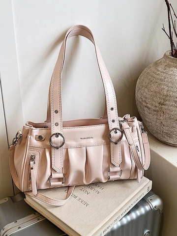 Sac Sous le Bras Plissé en Cuir PU pour Femmes Simplicité Urbaine Multi-poches Sac à Bandoulière Quincaillerie en Argent Style Locomotive
