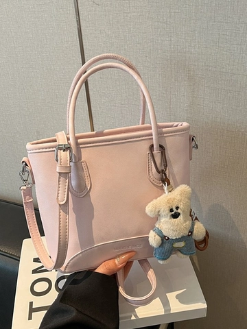 Minimalistische PU Leer Tote Bag Voor Vrouwen Met Beer Sleutelhanger Afneembare Schouderriem Casual Crossbody Handtas Handtas