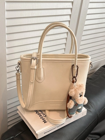 Minimalistische PU Leer Tote Bag Voor Vrouwen Met Beer Sleutelhanger Afneembare Schouderriem Casual Crossbody Handtas Handtas