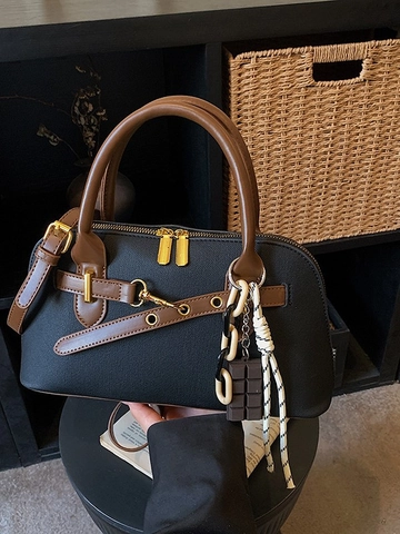 Women Vintage PU Leather Shell Bag Retro Handheld Shoulder Bag With Contrast Color Handle Stitching Shell Shaped Purse