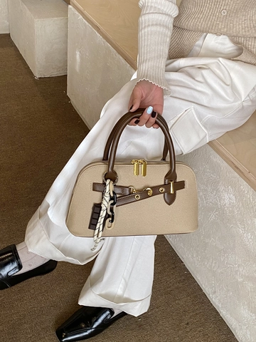 Women Vintage PU Leather Shell Bag Retro Handheld Shoulder Bag With Contrast Color Handle Stitching Shell Shaped Purse
