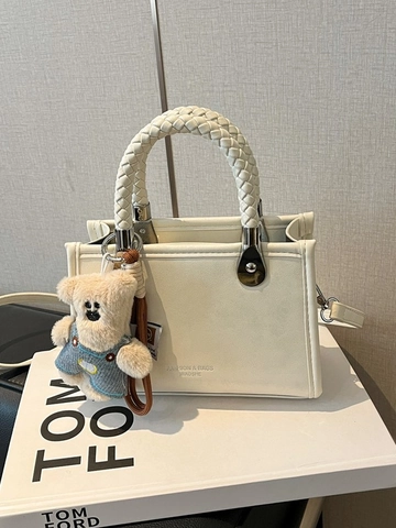 Borsa a Tracolla Piccola Quadrata in Pelle PU Minimalista da Donna Con Manico Intrecciato e Ciondolo Orsetto in Peluche