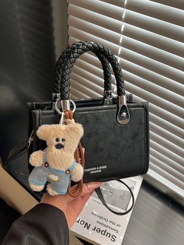Borsa a Tracolla Piccola Quadrata in Pelle PU Minimalista da Donna Con Manico Intrecciato e Ciondolo Orsetto in Peluche