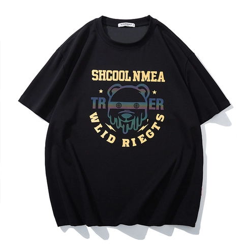 Herren Übergröße Verdickt Baumwolle T-Shirt Goldprägung Bunter Bärenkopf Druck Überschnittene Schulter Sport Tee