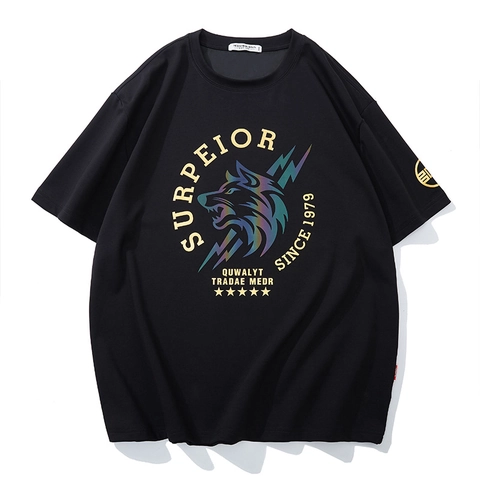 Dames Grote Maten Katoen T-Shirt Holografische Wolfskop Print Verlaagde Schouder Losjes Sportief Casual Zwart Kort Mouw Top