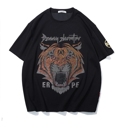 T-Shirt Homme Oversize Tête de Tigre en Strass Coton Épais Épaules Tombantes Sans Repassage Streetwear Hip Hop