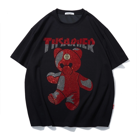 Heren Grote Maat Strass Beer T-Shirt Zwaar Katoen Streetwear Afhangende Schouder Losse Korte Mouw Zwart Tee Top