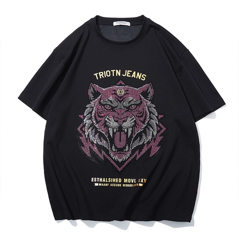 Herren Sportlich Baumwolle T-Shirt Heavy Strass Tiger Grafik Rundhals Überschnittene Schulter Top Casual Locker Übergröße Schwarz Tee