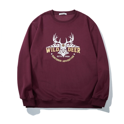 Felpa da Uomo Taglie Forti in Cotone Con Stampa Testa di Cervo e Lettere Girocollo Casual a Maniche Lunghe Pullover Autunnale Sportivo