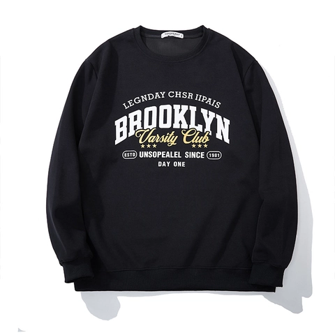 Heren Grote Maat Katoenmix Sweatshirt Brooklyn Varsity Club Gedrukt Losse Pasvorm Ronde Hals Lange Mouw Sport Top