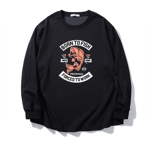 Herren Übergröße Langarm T-Shirt Baumwolle Bedruckt Angeln Barsch Grafik Top Verdickt Warm Lockerer Schnitt Winter Tee