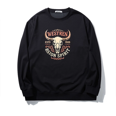 Heren Grote Maat Western Stierenschedel Print Sweatshirt Amerikaanse Vintage Sportief Ruime Katoen Lange Mouw Pullover Top
