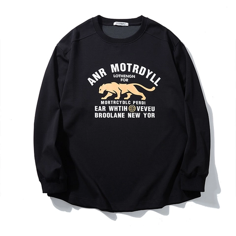 Men Oversized Cotton Long Sleeve T-Shirt Leopard Letter Print Round Neck Casual Pullover Base Layer Top Autumn Winter