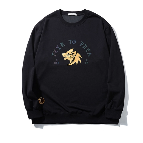 Felpa da Uomo Taglie Comode Cotone Stampa Testa di Lupo Lamina d'Oro Manica Lunga Girocollo Casual Sportivo Pullover Top