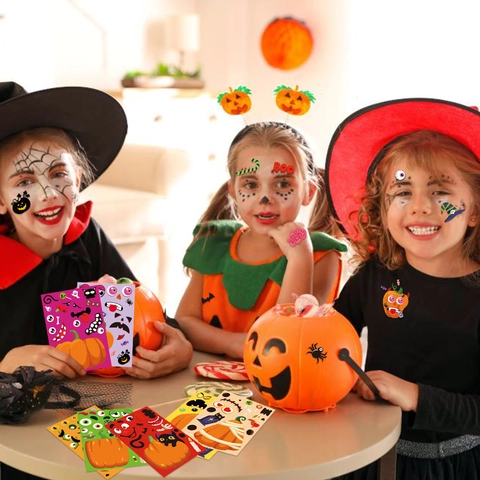 Halloween Pumpkin DIY Decoration Stickers Cartoon Ghost Face Funny Expression Adhesive Decals For Party Festival Kids Gift