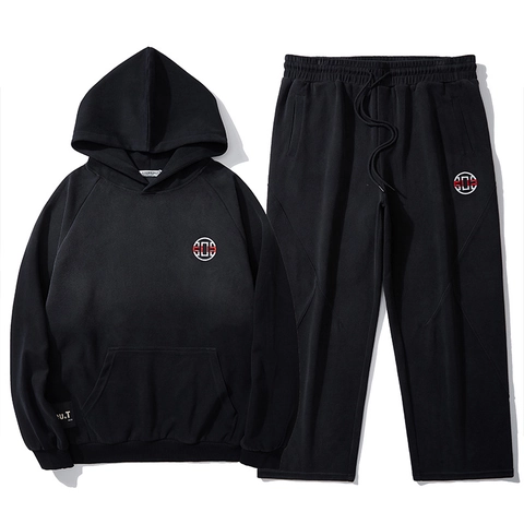 Men Plus Size Embroidered Hoodie Patchwork Sweatpants Drawstring Hooded Sweatshirt Thickened Casual Sportswear Tracksuit
