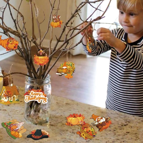 Ornamenti Appesi Giorno Ringraziamento Cartoncino Zucca Tacchino Gnomo Foglia Acero Tema Raccolto Autunno Festa Etichette