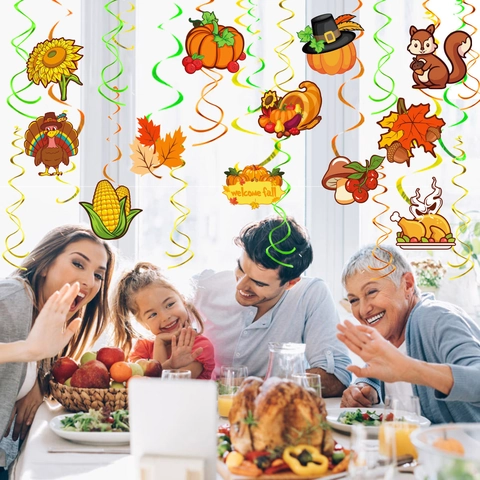 Thanksgiving Hanging Spiral Ornaments Autumn Harvest Pumpkin Maple Leaf Turkey Cardboard PVC Ceiling Decor For Party Home