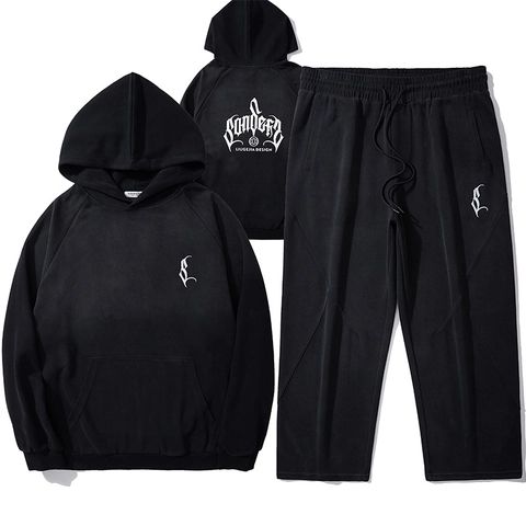 Ensemble Sweat à Capuche et Pantalon de Jogging Imprimé Lettre Gothique pour Hommes Streetwear Taille Plus Coton Noir