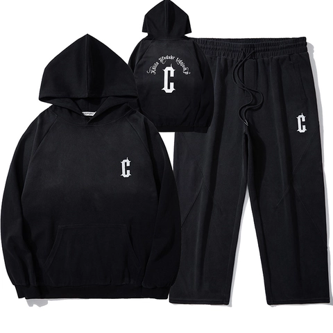 Men Plus Size Tracksuit Gothic Letter Hoodie Sweatpants Set Autumn Winter Thickened Cotton Sportswear Streetwear Jogging Suit