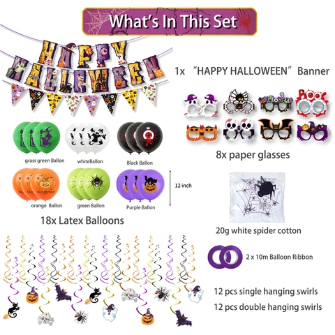 Set Decorazioni Festa Halloween Palloncini Lattice Banner Happy Halloween Spirali Pendenti Occhiali Carta Scena Festiva