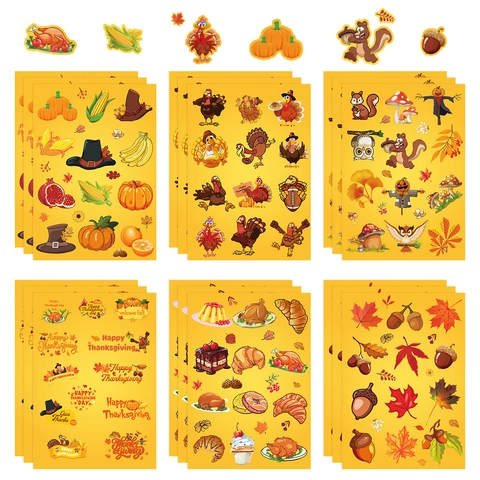 Thanksgiving Turkey Maple Leaf Stickers Self Adhesive Cartoon Autumn Happy Thanksgiving Decals For Party Gift Decor Kids