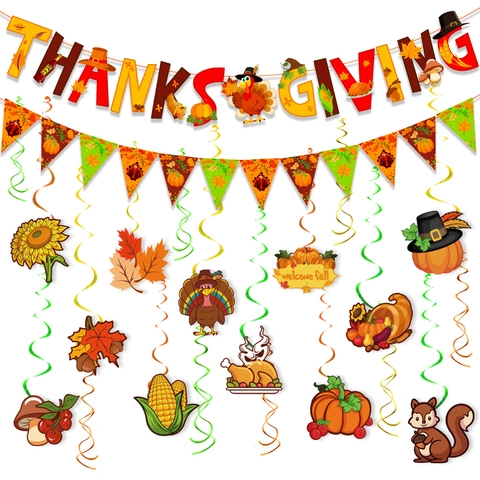 Set de Decoración de Fiesta de Acción de Gracias Otoño Hoja de Arce Pavo Calabaza Banner Espiral Ornamento Colgante Cake Topper