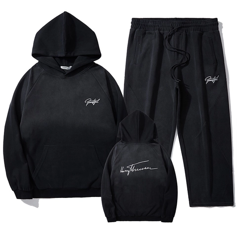 Survêtement Homme Grande Taille Casual Mélange de Coton Imprimé Graphique Brodée Sweat à Capuche et Pantalon de Sport Noir
