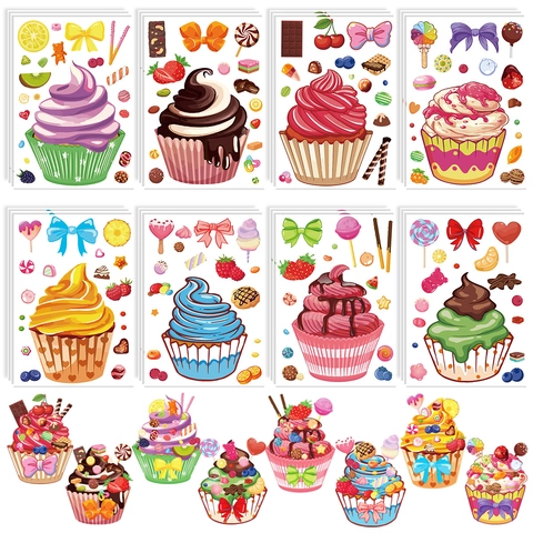 Dessert DIY Stickers Cupcake Ice Cream Candy Theme For Kids Birthday Party Decoration Removable Self Adhesive Cartoon Sweet Treat Stickers