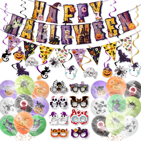 Set Decorazioni Festa Halloween Palloncini Lattice Banner Happy Halloween Spirali Pendenti Occhiali Carta Scena Festiva