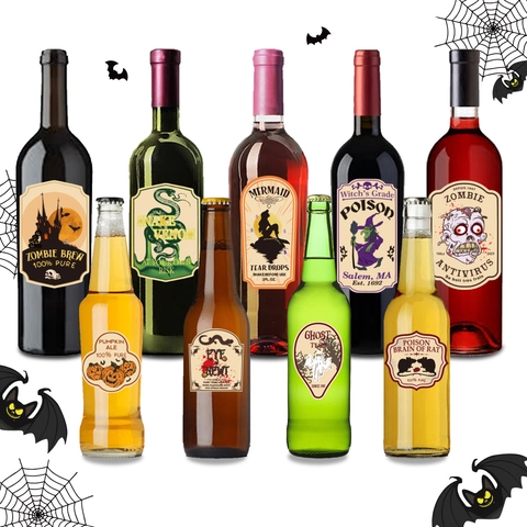 Adesivi per Bottiglie di Vino di Halloween Etichette Retro Horror Strega Zombie Veleno per Decorazione Atmosfera Bar Festa