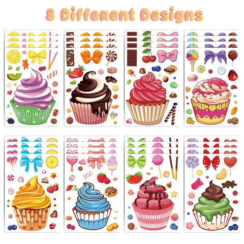 Dessert DIY Stickers Cupcake Ice Cream Candy Theme For Kids Birthday Party Decoration Removable Self Adhesive Cartoon Sweet Treat Stickers