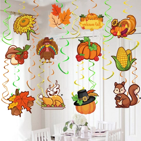Thanksgiving Hanging Spiral Ornaments Autumn Harvest Pumpkin Maple Leaf Turkey Cardboard PVC Ceiling Decor For Party Home