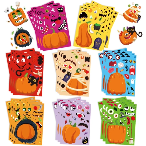 Halloween Pumpkin DIY Decoration Stickers Cartoon Ghost Face Funny Expression Adhesive Decals For Party Festival Kids Gift