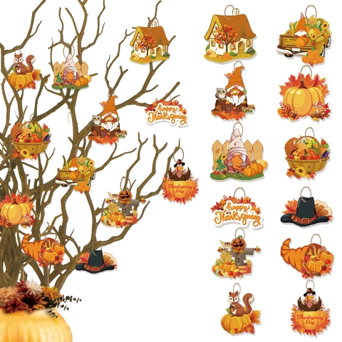 Ornamenti Appesi Giorno Ringraziamento Cartoncino Zucca Tacchino Gnomo Foglia Acero Tema Raccolto Autunno Festa Etichette