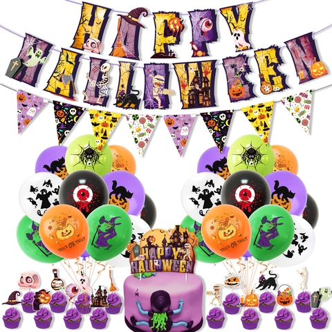 Halloween Party Decorations Happy Halloween Banner Multicolor Latex Balloons Cake Toppers Paper Glasses Stickers Ornament