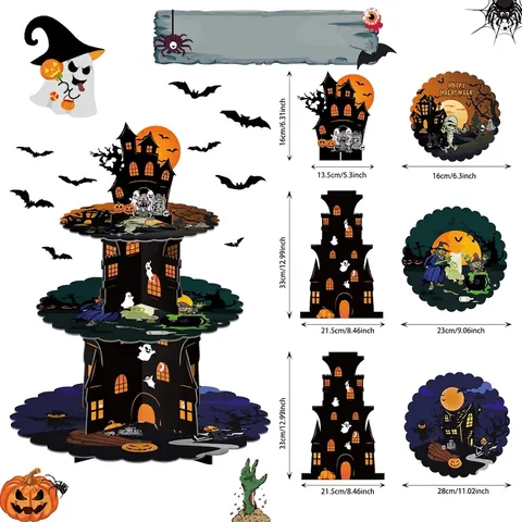 Halloween 3-Tier Cardboard Cake Stand Haunted Castle Pumpkin Ghost Pattern Cupcake Tower For Birthday Party Dessert Display