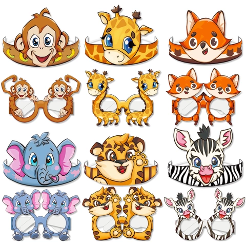 Cartoon Tier Thema Geburtstag Party Zubehör Set Giraffe Elefant Papier Kronen Und Sortierte Party Brillen Für Kinder Dekoration