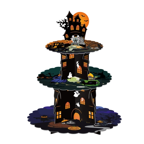 Halloween 3-Tier Cardboard Cake Stand Haunted Castle Pumpkin Ghost Pattern Cupcake Tower For Birthday Party Dessert Display
