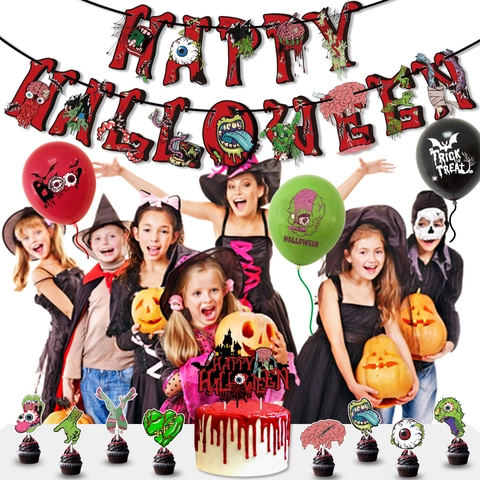 Gruselige Halloween Party Deko Set Zombie Horror Banner Blutige Kuchenaufsätze Für Geisterhaus Bar Szene Arrangement Zubehör
