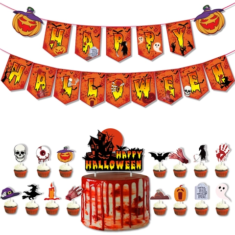 Halloween Feestversiering Banner En Cake Toppers Cartoon Pompoen Geest Vleermuis Thema Vlaggetjes Voor Binnen Scène Layout Benodigdheden