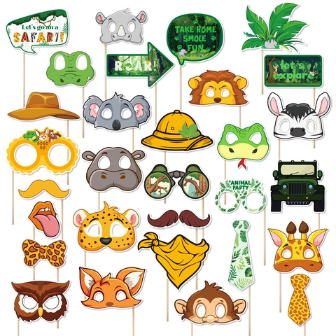 Accessori per Fotobox Animali della Giungla Forniture per Decorazioni per Feste a Tema Safari Cartone Bianco Occhiali Scimmia Zebra Leone Maschere