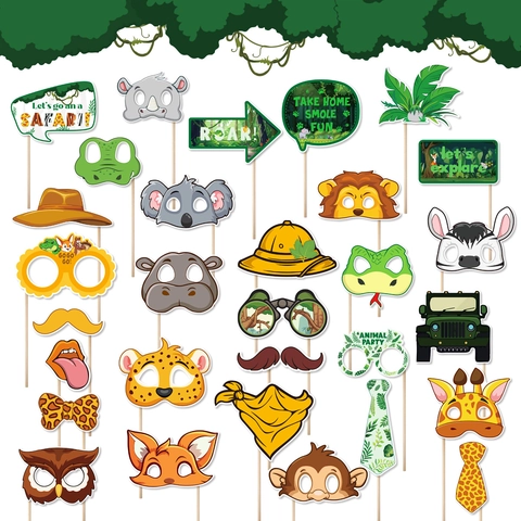 Accessori per Fotobox Animali della Giungla Forniture per Decorazioni per Feste a Tema Safari Cartone Bianco Occhiali Scimmia Zebra Leone Maschere