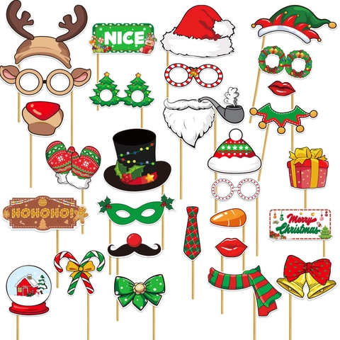 Accessori per Photobooth di Natale per Decorazioni di Festa Con Cappello di Babbo Natale Renna Baffi Occhiali per Fotografia