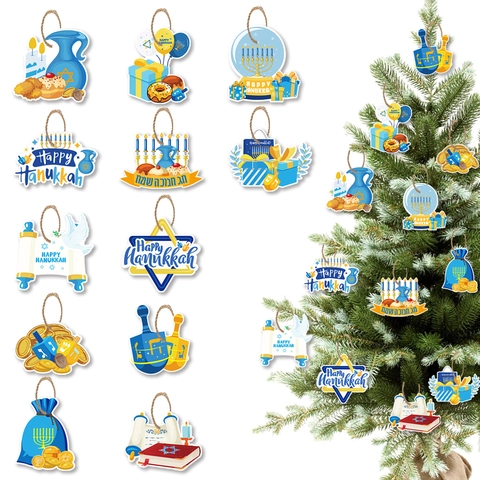 Juego de 12 Decoraciones Colgantes de Hanukkah Menorá Estrella de David Dreidel Papel Couché Adornos para Fiesta Judía