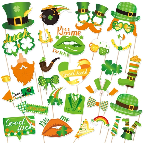 Kit Accessori Fotografici per San Patrizio Cappello Trifoglio Verde Barba Occhiali Leprechaun Decorazioni Festa Irlandese