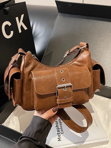 Bolso Bandolera de Cuero PU Retro para Mujer Gran Capacidad Moda Conmutador Biker Bolso de Hombro Multipocket Color Sólido